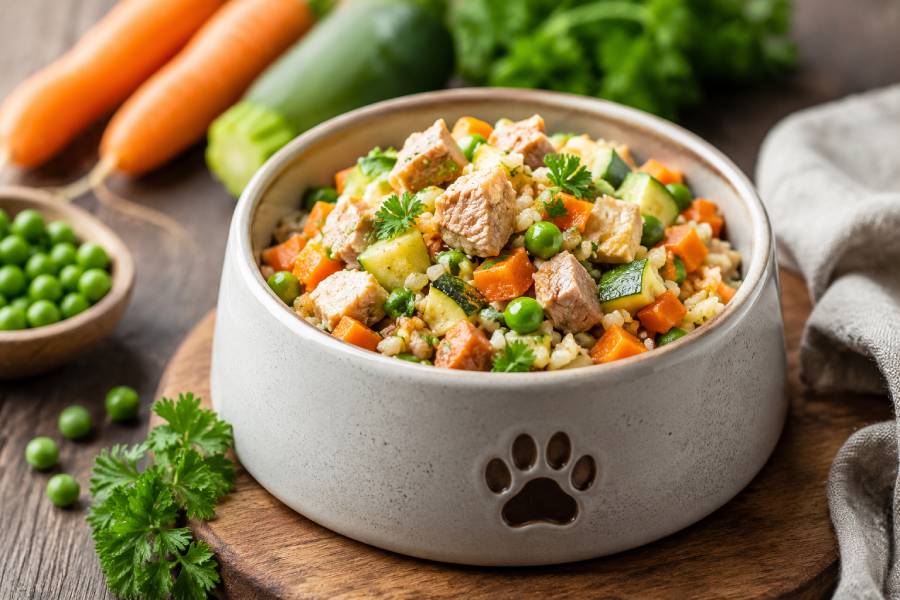 Bowl of fresh dog food with vegetables